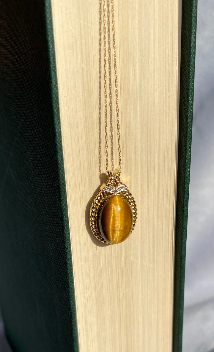 Tantalizing Tiger's Eye & Diamond Accent 10k Yellow Gold Necklace 21"