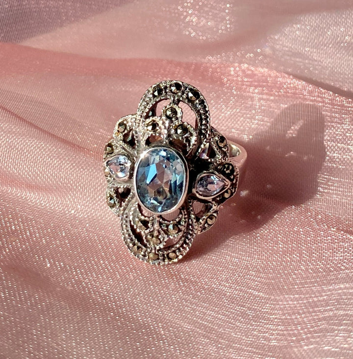 Vintage Blue Topaz & Marcasite Ring in Sterling Silver Size 5.5