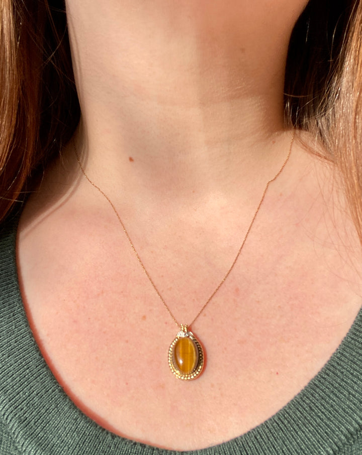 Tantalizing Tiger's Eye & Diamond Accent 10k Yellow Gold Necklace 21"