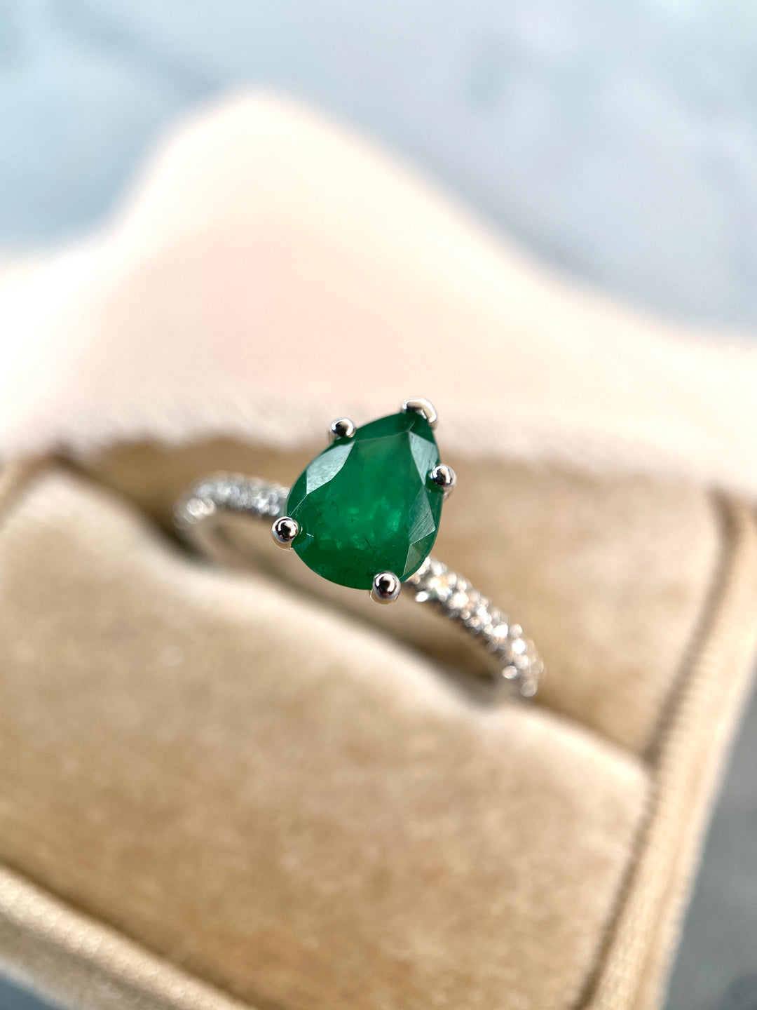 Perfect Pear Emerald and Diamond Ring in 14k White Gold