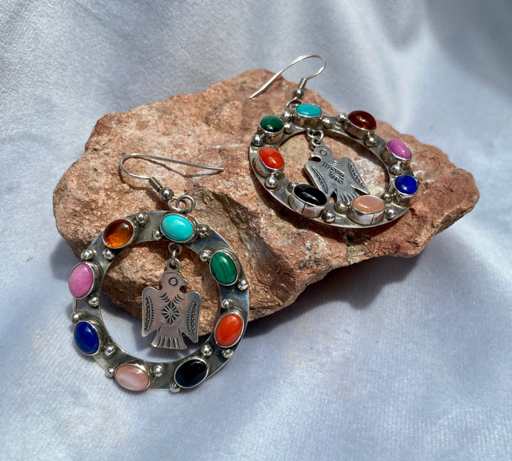Vintage Signed Native American Multi-Gemstone Earrings including Amber, Turquoise, Onyx, Malachite, and more in Sterling Silver