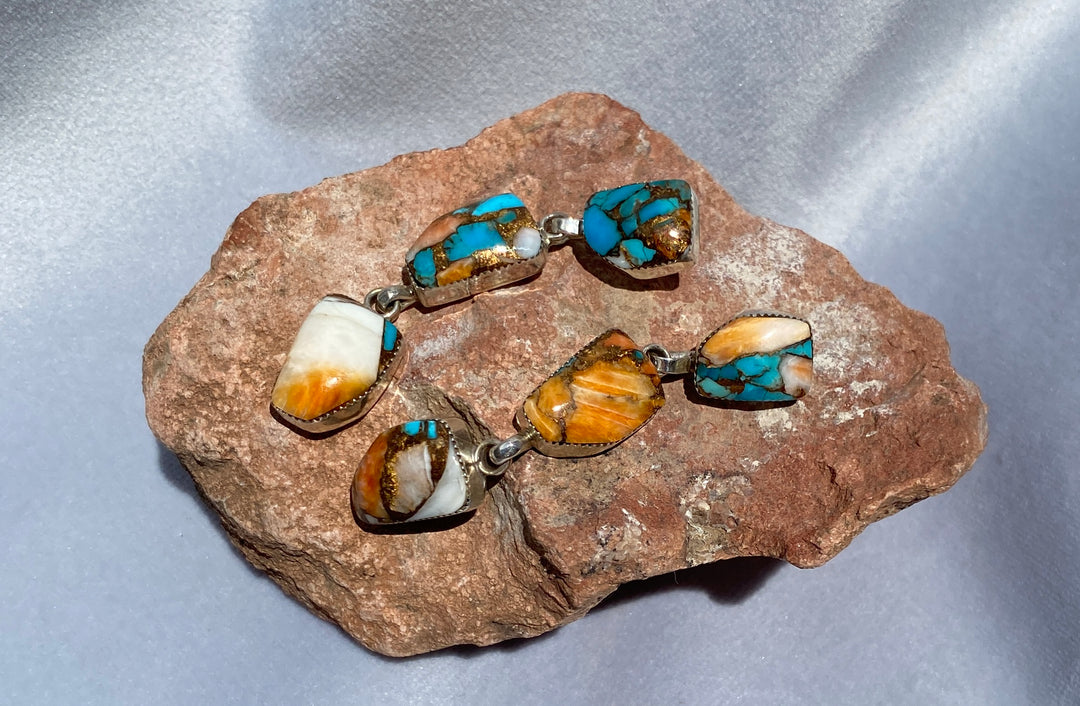 Vintage Native American Running Bear Trading Gallup Spiny Turquoise Earrings in Sterling Silver