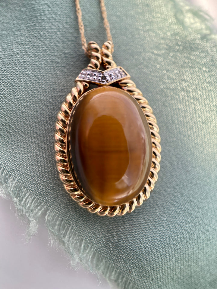 Tantalizing Tiger's Eye & Diamond Accent 10k Yellow Gold Necklace 21"