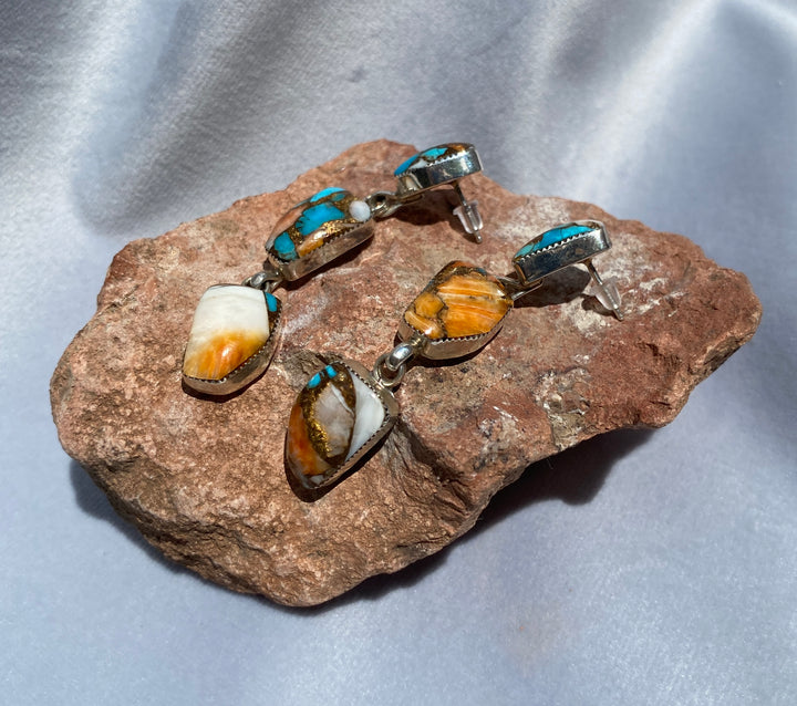 Vintage Native American Running Bear Trading Gallup Spiny Turquoise Earrings in Sterling Silver