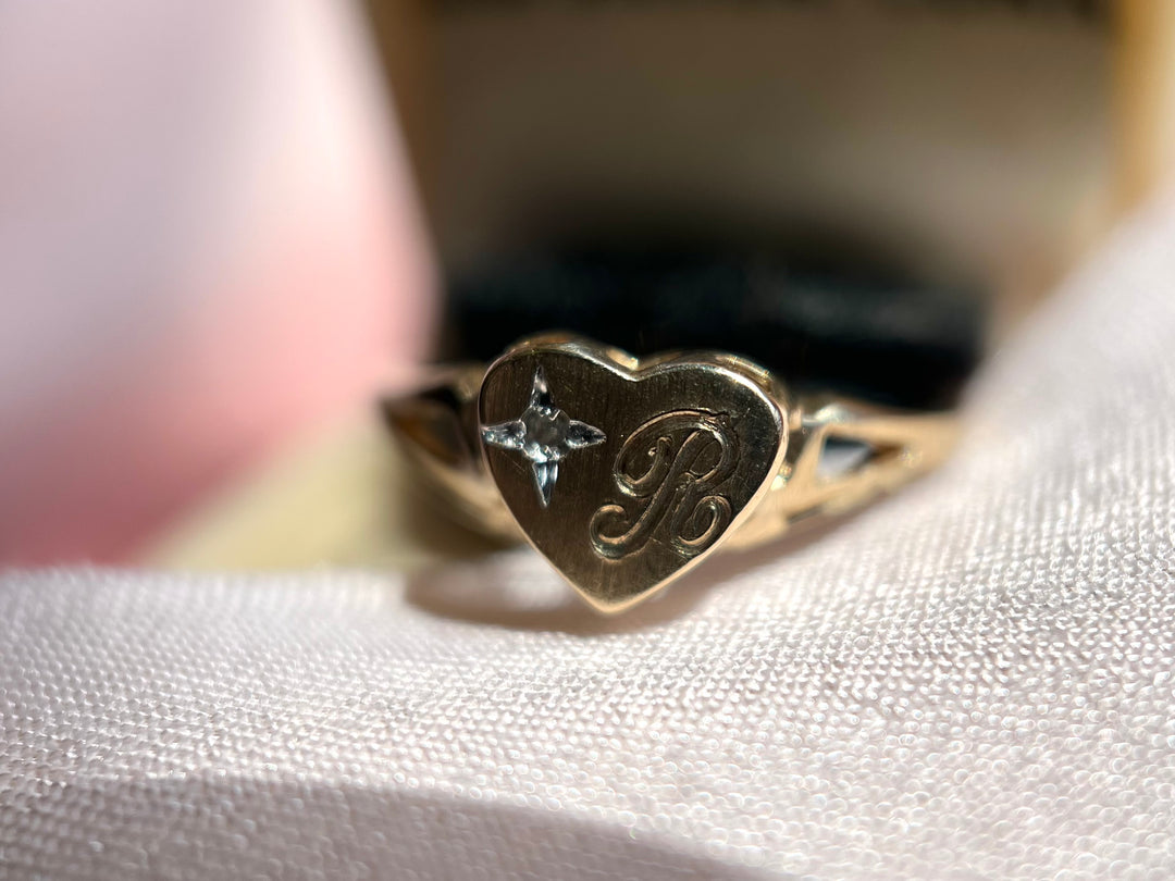 Vintage "R" Heart Signet Diamond Ring in Solid 10k Gold