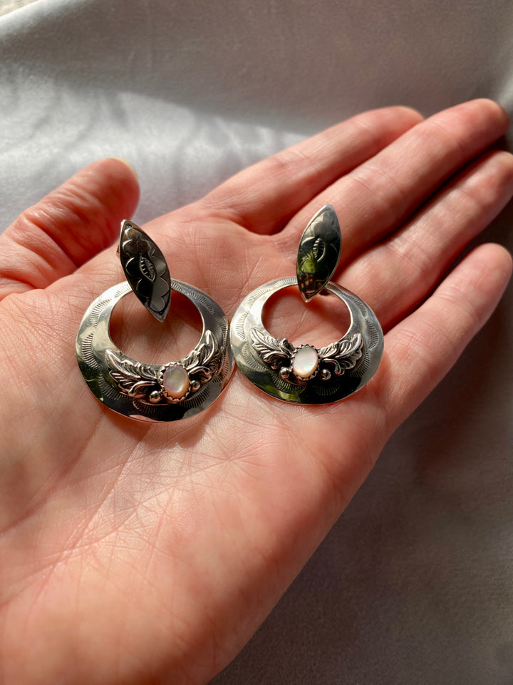 Vintage Signed Native American Navajo Pink Mother of Pearl Earrings in Sterling Silver