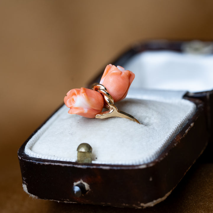 Vintage 1960's Coral Flower Bypass Ring in 14k Yellow Gold