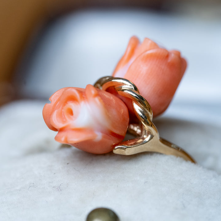 Vintage 1960's Coral Flower Bypass Ring in 14k Yellow Gold