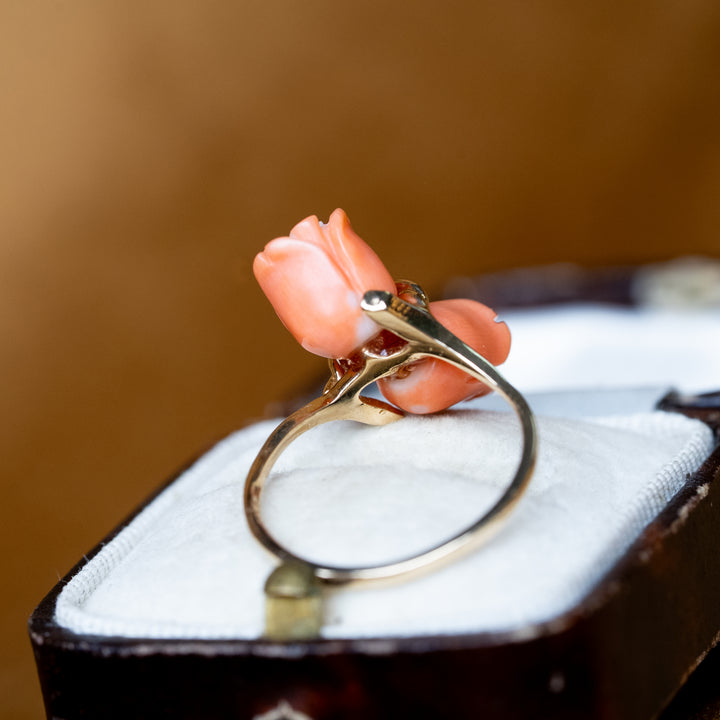 Vintage 1960's Coral Flower Bypass Ring in 14k Yellow Gold