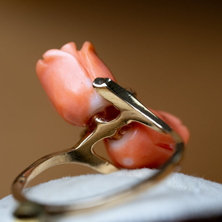Vintage 1960's Coral Flower Bypass Ring in 14k Yellow Gold