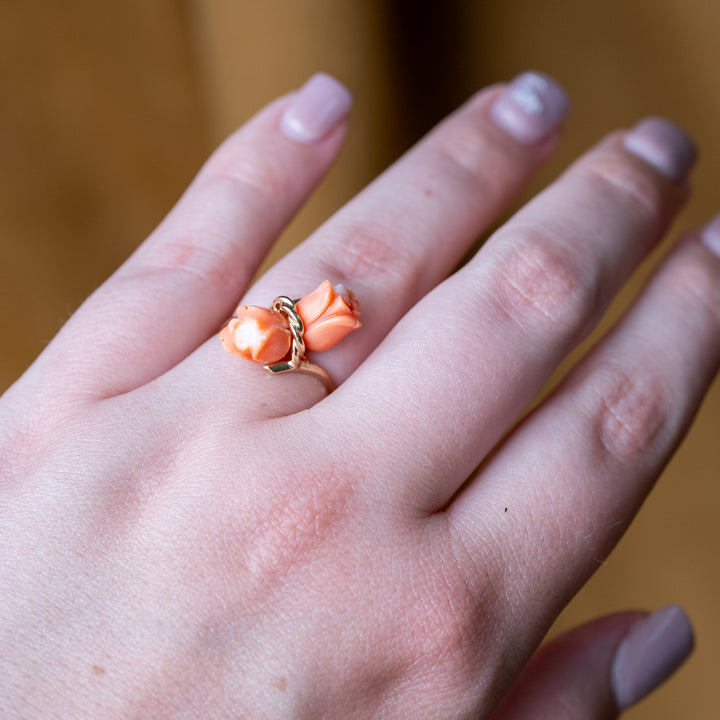 Vintage 1960's Coral Flower Bypass Ring in 14k Yellow Gold