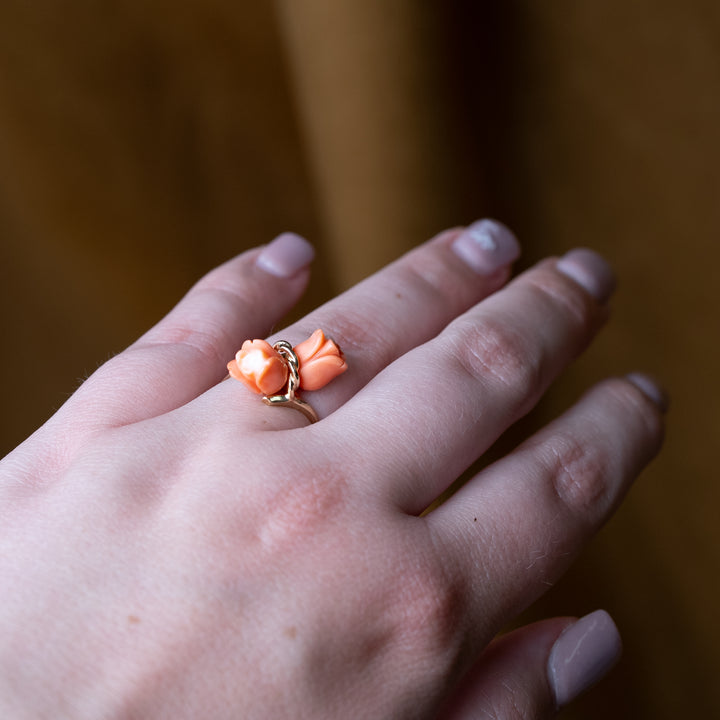 Vintage 1960's Coral Flower Bypass Ring in 14k Yellow Gold