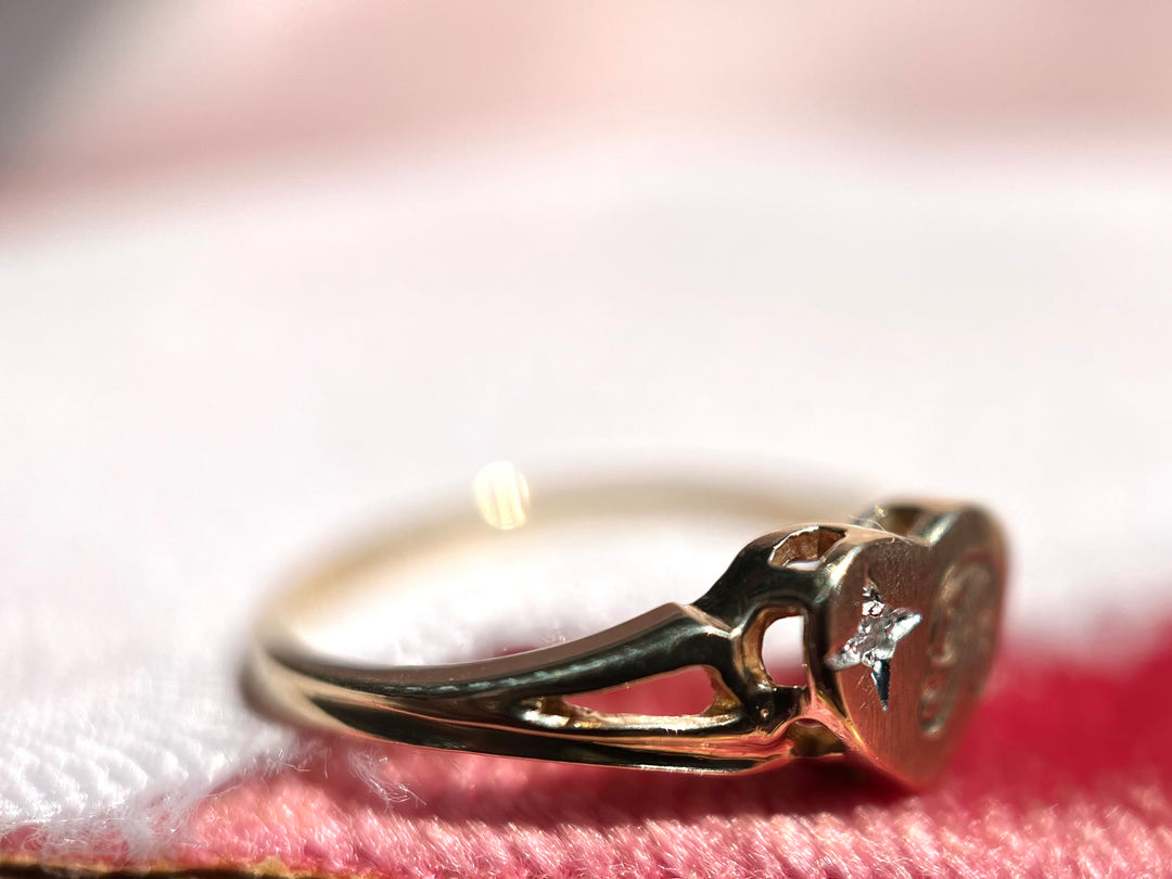 Vintage "R" Heart Signet Diamond Ring in Solid 10k Gold
