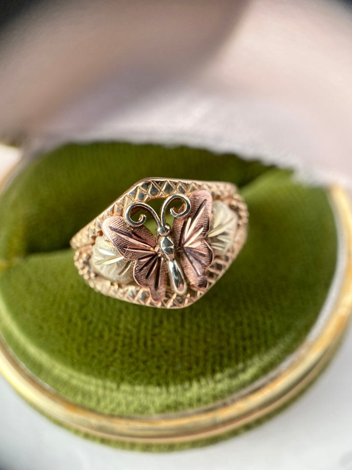 Flutter Yellow, Pink and Green Gold Butterfly Ring