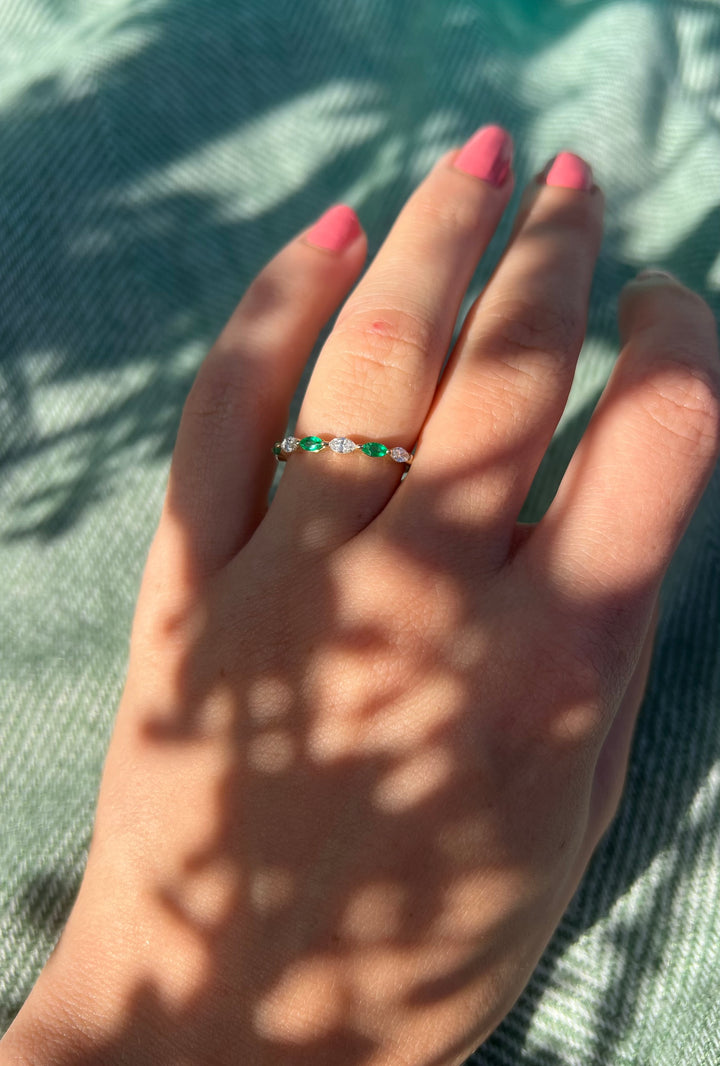 Marquise Natural Diamond and Emerald Band in 14k Yellow Gold