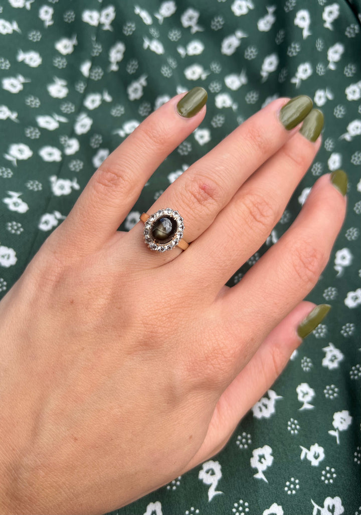 Natural Black Star Sapphire and Clear Topaz Ring in 14k Yellow and White Gold