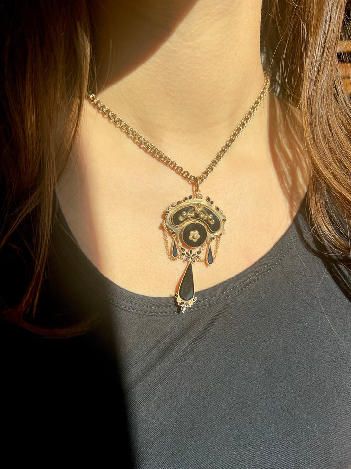 Victorian Onyx And Seed Pearl Pendant 10k Yellow Gold