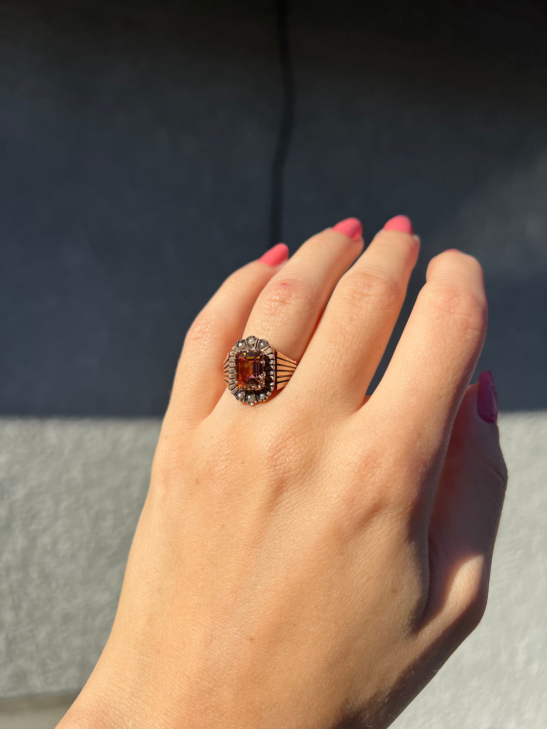 Victorian Sunrise Topaz and Seed Pearl Ring in 10k Rose Gold