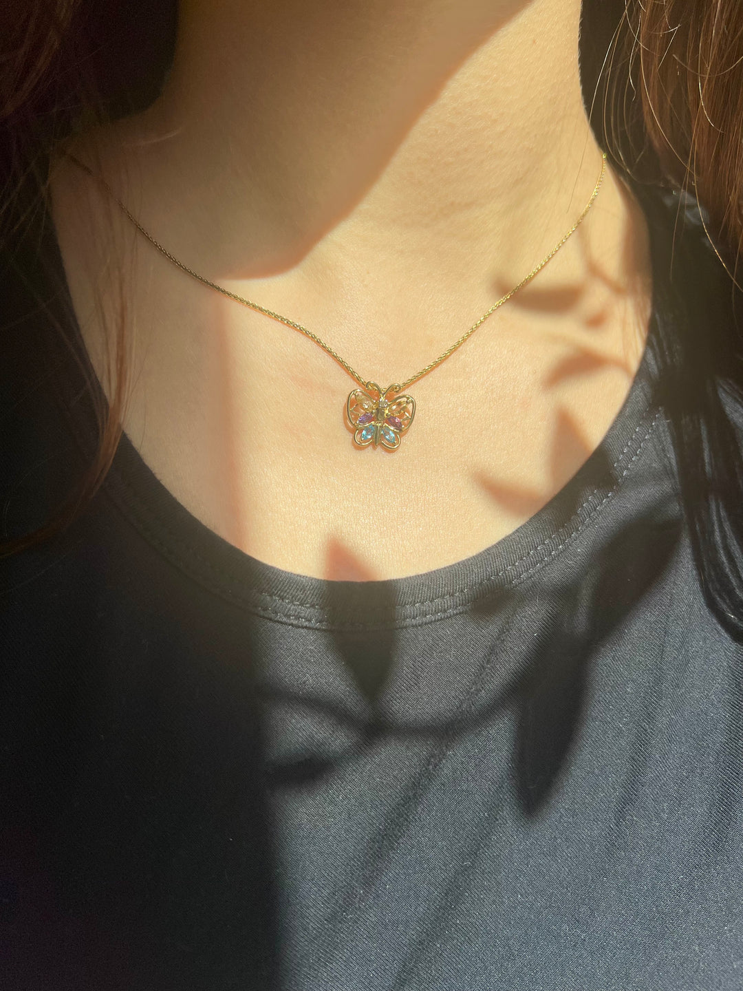 Colorful Amethyst, Citrine, Blue Topaz and Diamond Monarch Butterfly Pendant in 10k Yellow Gold