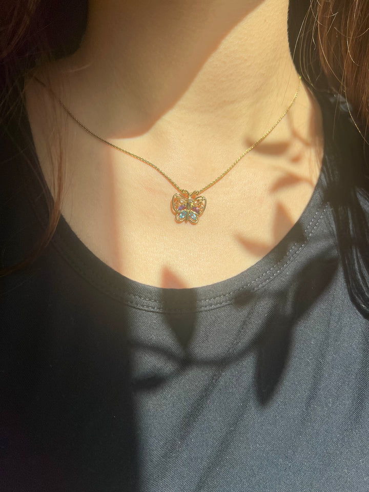 Colorful Amethyst, Citrine, Blue Topaz and Diamond Monarch Butterfly Pendant in 10k Yellow Gold