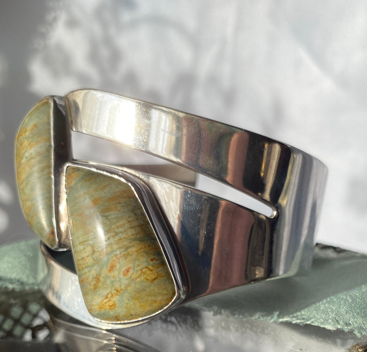 Vintage Green Jasper Bangle Bracelet in Sterling Silver