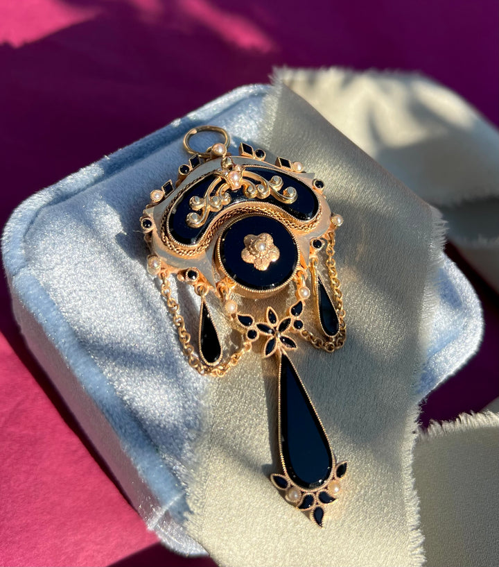 Victorian Onyx And Seed Pearl Pendant 10k Yellow Gold