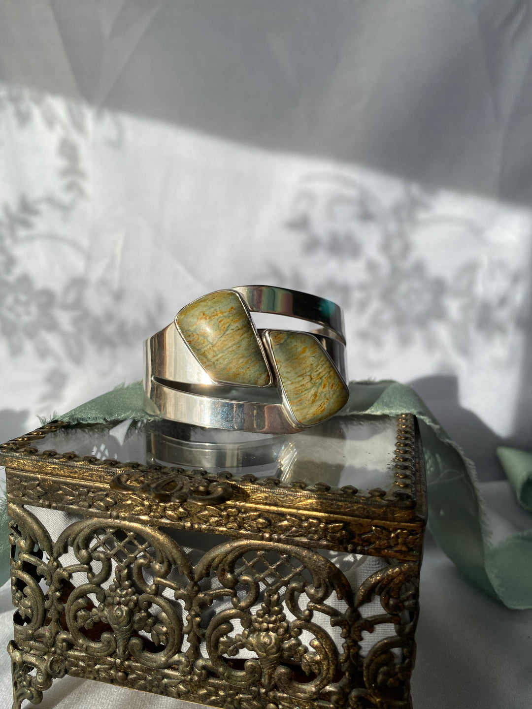 Vintage Green Jasper Bangle Bracelet in Sterling Silver