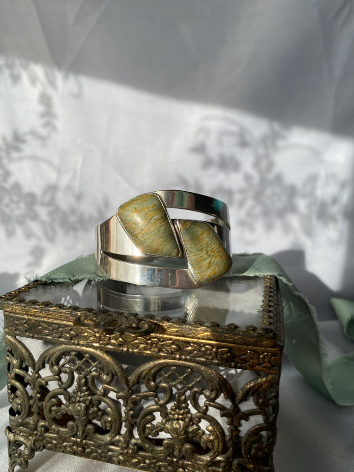 Vintage Green Jasper Bangle Bracelet in Sterling Silver