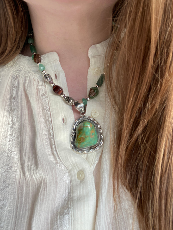 Vintage Navajo John Delvin Native American Turquoise on Natural Stone Necklace