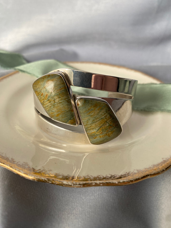 Vintage Green Jasper Bangle Bracelet in Sterling Silver