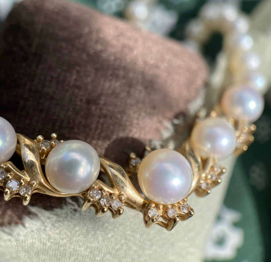 Star Of The Sea Vintage Cultured Pearl and Diamond Necklace in 10k Yellow Gold 17.5"