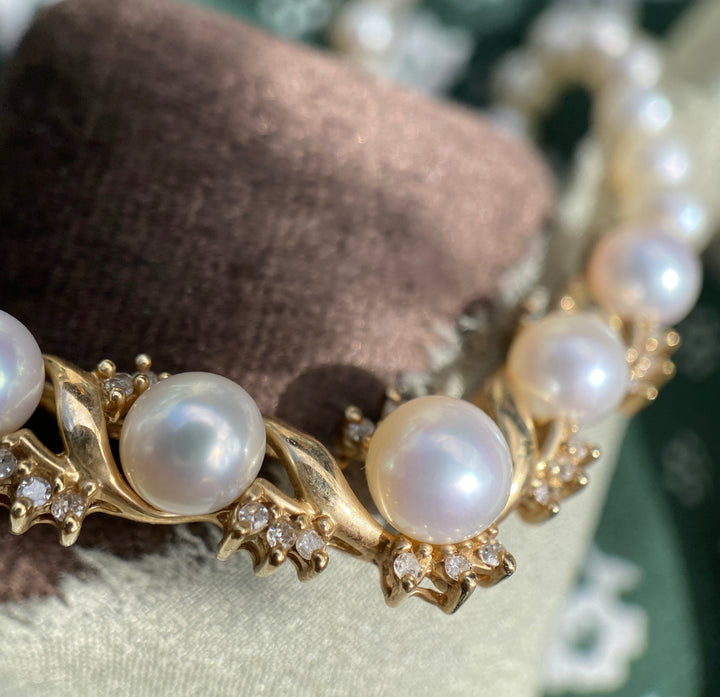 Star Of The Sea Vintage Cultured Pearl and Diamond Necklace in 10k Yellow Gold 17.5"