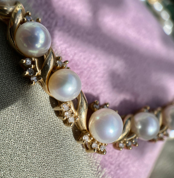 Star Of The Sea Vintage Cultured Pearl and Diamond Necklace in 10k Yellow Gold 17.5"