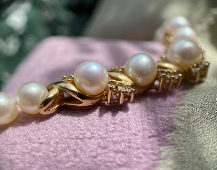 Star Of The Sea Vintage Cultured Pearl and Diamond Necklace in 10k Yellow Gold 17.5"