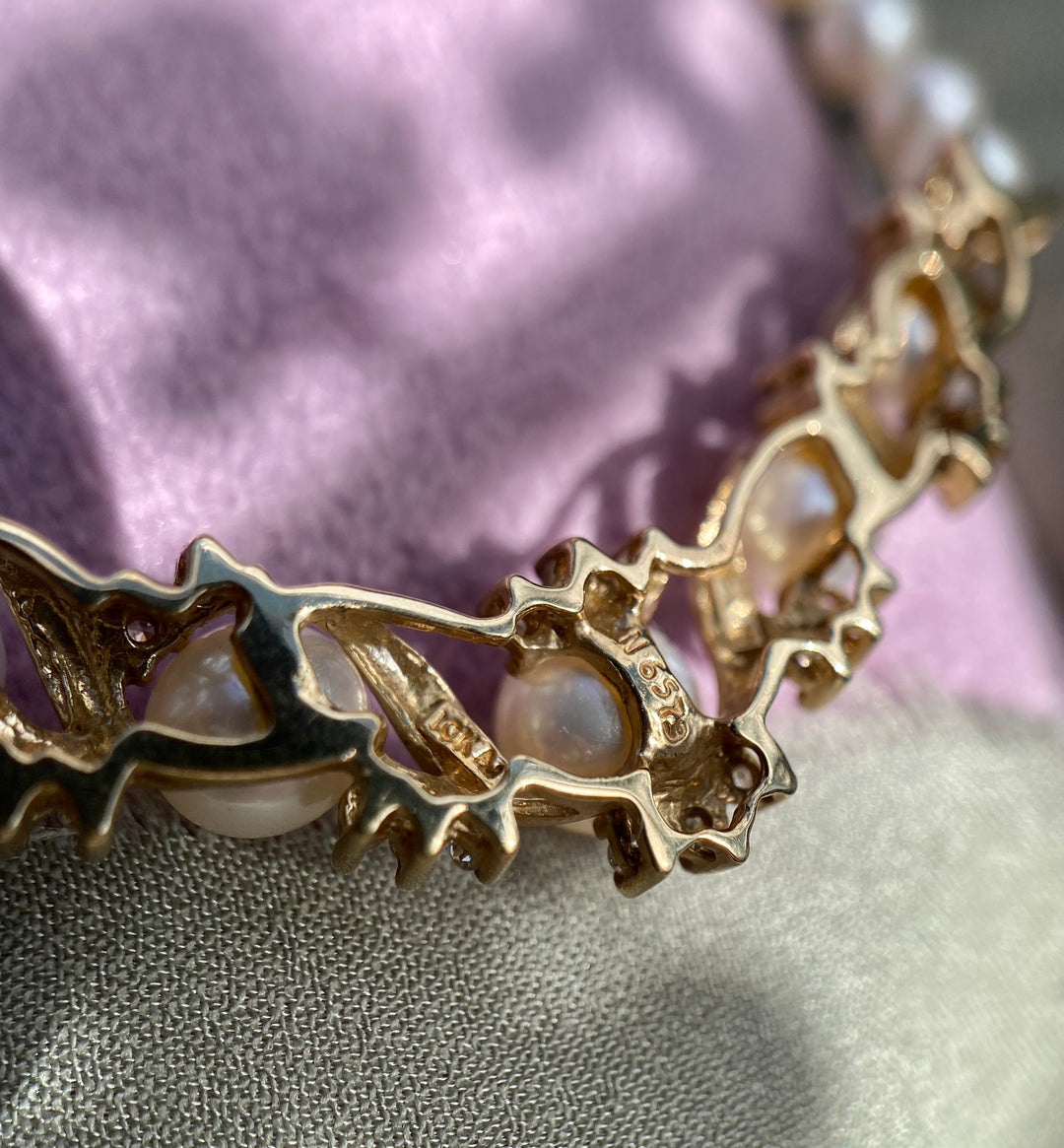 Star Of The Sea Vintage Cultured Pearl and Diamond Necklace in 10k Yellow Gold 17.5"