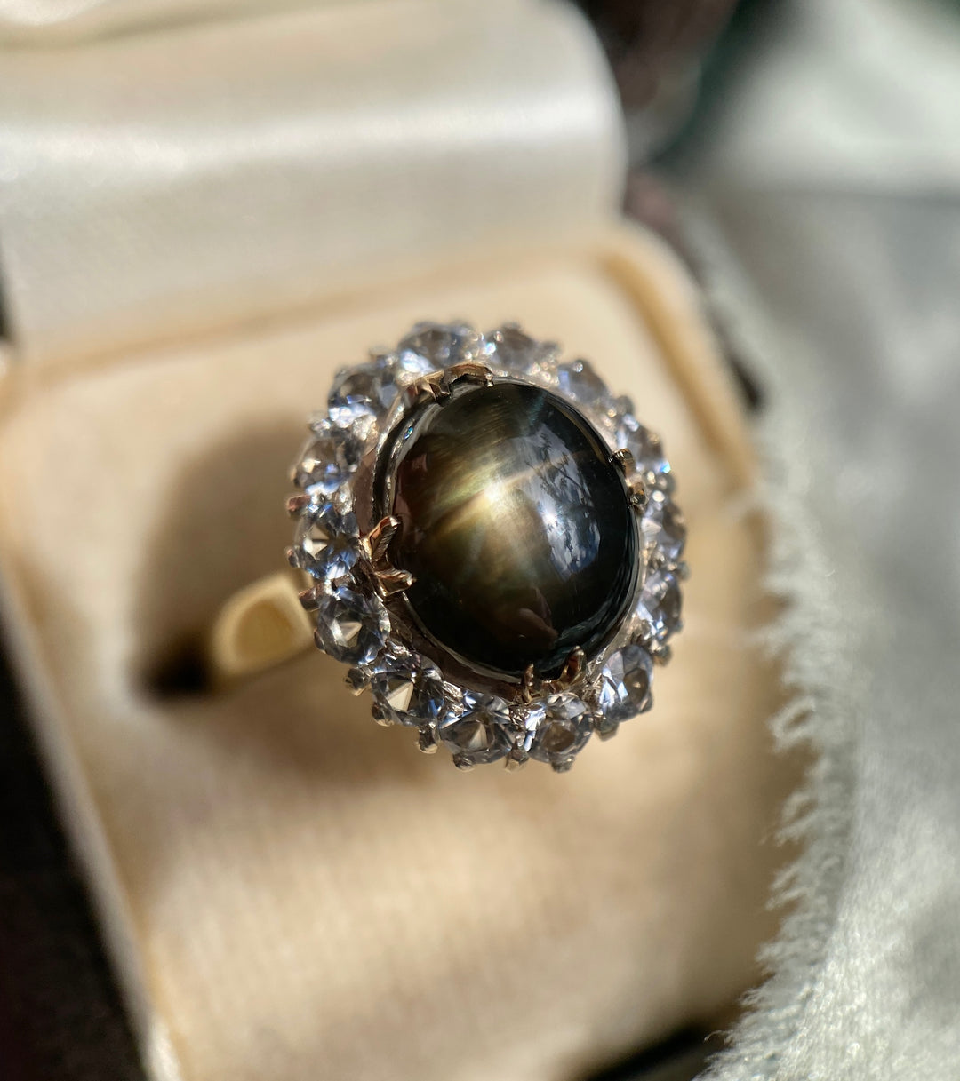 Natural Black Star Sapphire and Clear Topaz Ring in 14k Yellow and White Gold