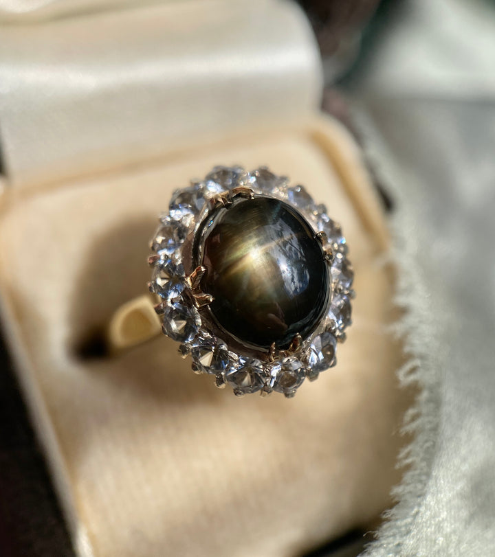Natural Black Star Sapphire and Clear Topaz Ring in 14k Yellow and White Gold
