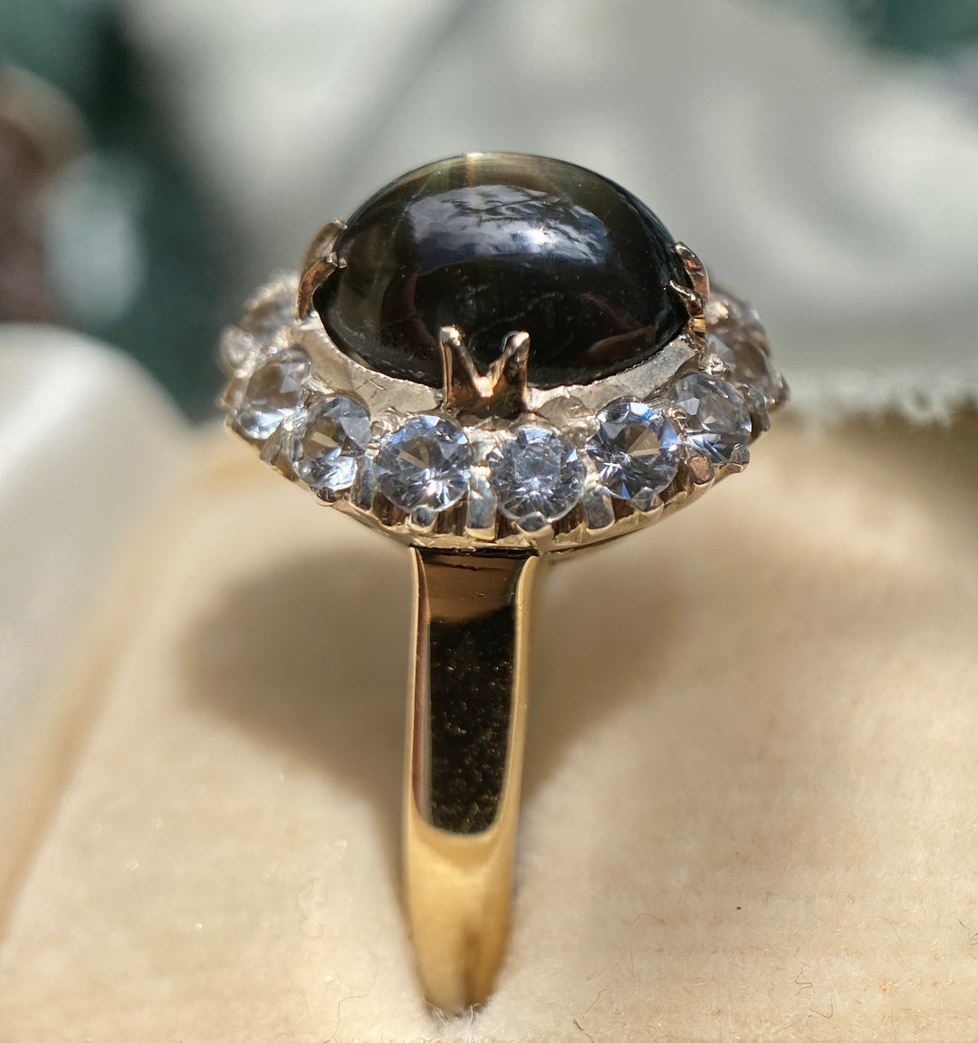 Natural Black Star Sapphire and Clear Topaz Ring in 14k Yellow and White Gold