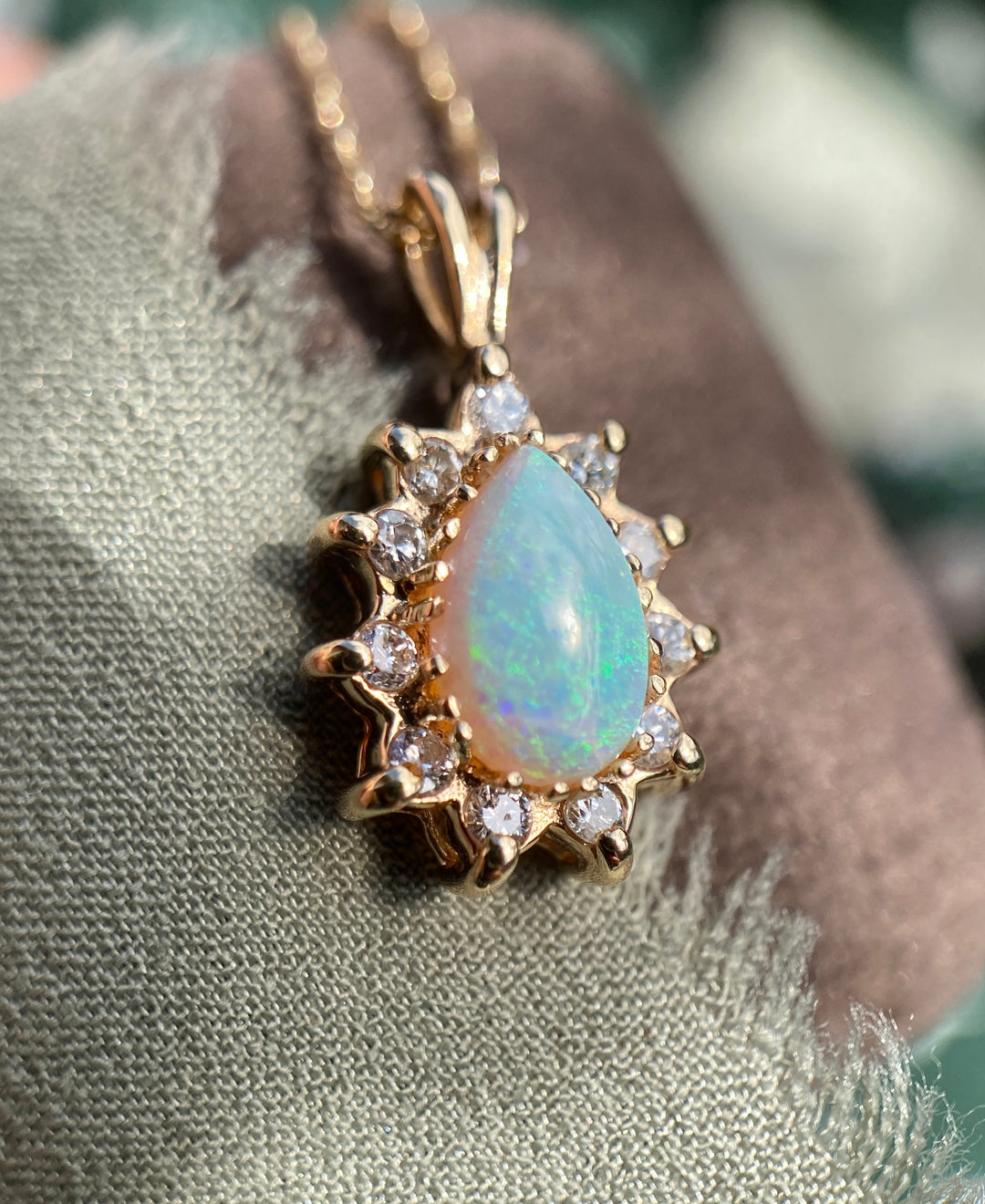 Vintage Opal And Diamond Necklace in 14k Yellow Gold