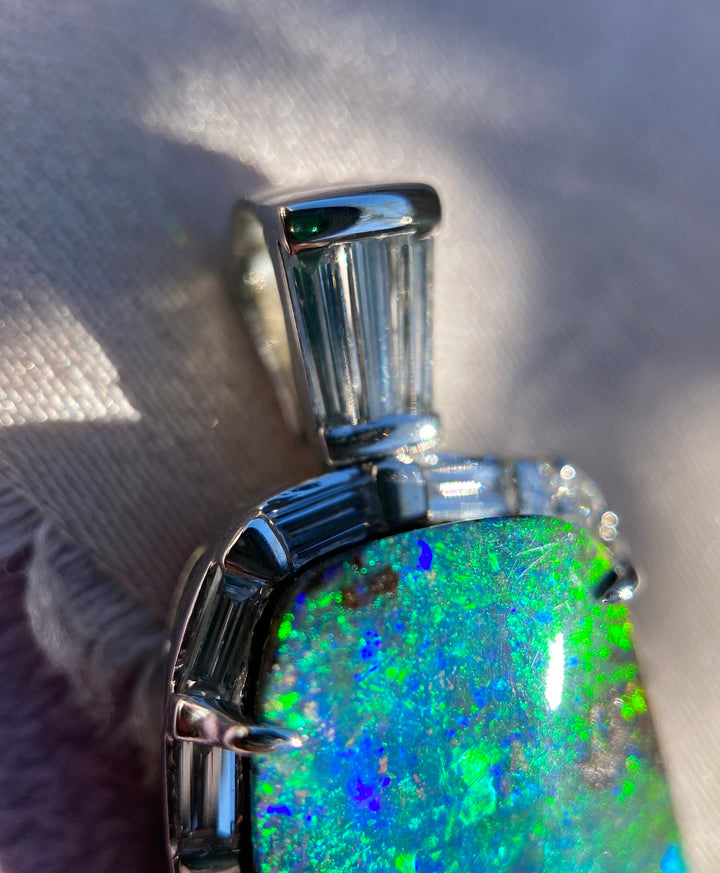 Masterpiece Natural Boulder Australian Opal Pendant in Platinum With Diamond Accents