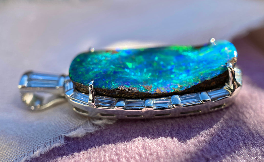 Masterpiece Natural Boulder Australian Opal Pendant in Platinum With Diamond Accents
