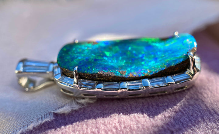 Masterpiece Natural Boulder Australian Opal Pendant in Platinum With Diamond Accents