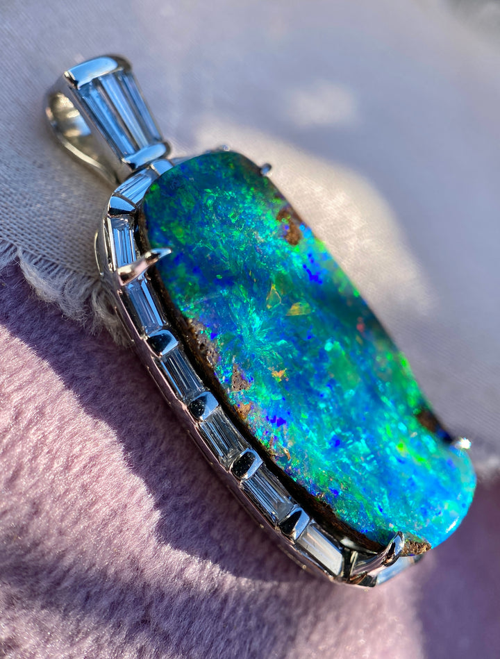 Masterpiece Natural Boulder Australian Opal Pendant in Platinum With Diamond Accents