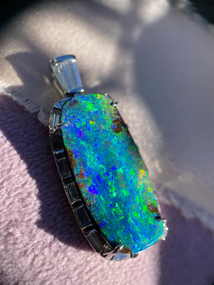 Masterpiece Natural Boulder Australian Opal Pendant in Platinum With Diamond Accents
