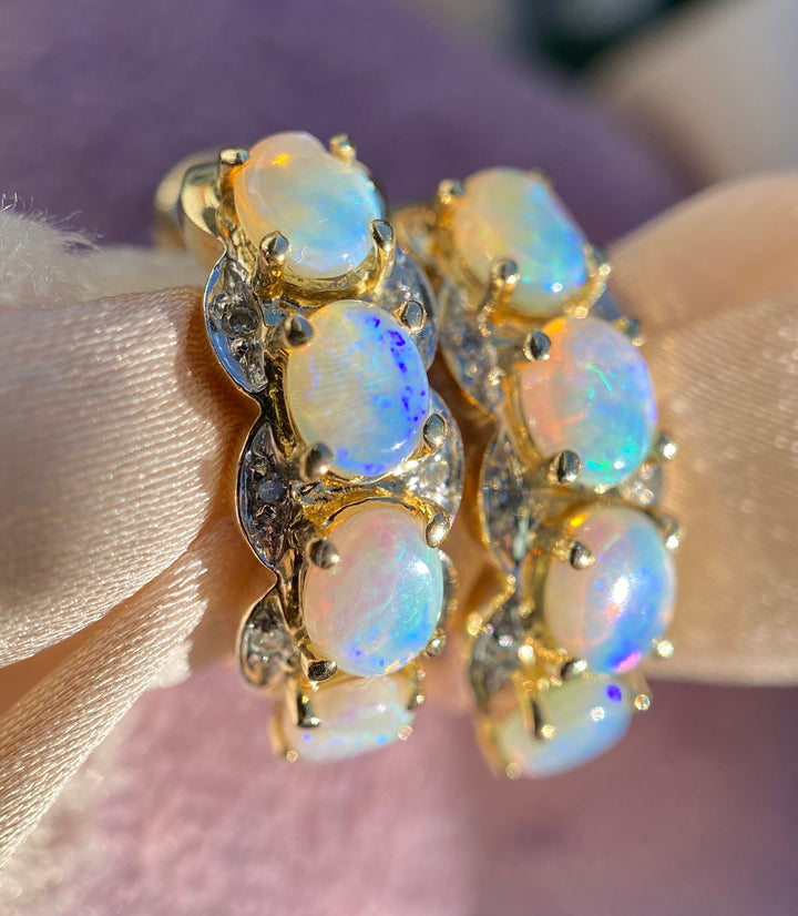 Iridescent Natural Opal and Diamond Huggies in 14k Yellow Gold
