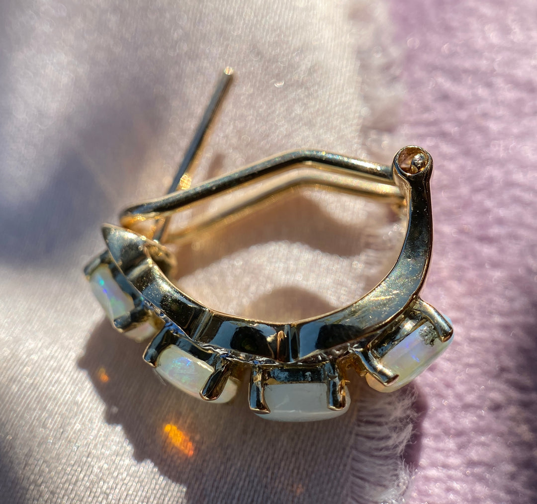 Iridescent Natural Opal and Diamond Huggies in 14k Yellow Gold