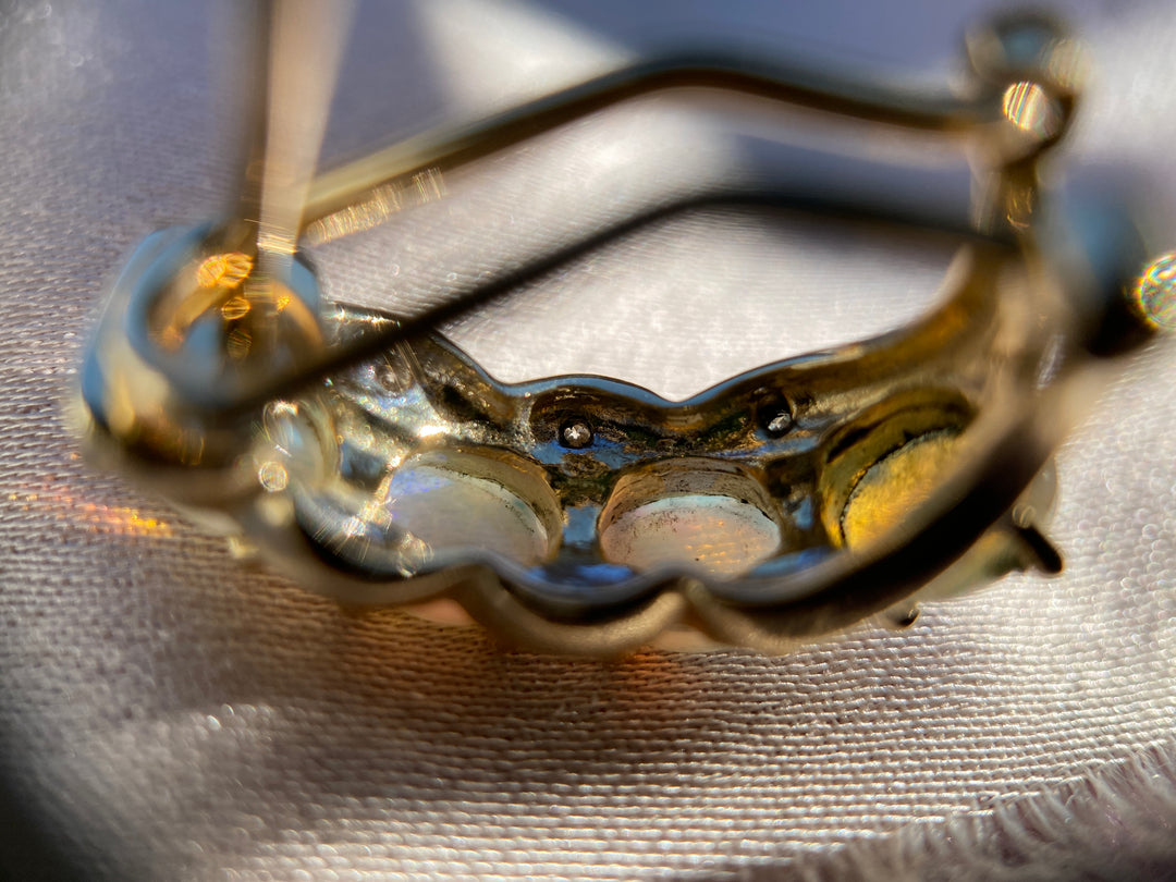 Iridescent Natural Opal and Diamond Huggies in 14k Yellow Gold
