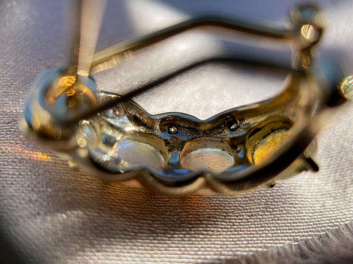 Iridescent Natural Opal and Diamond Huggies in 14k Yellow Gold