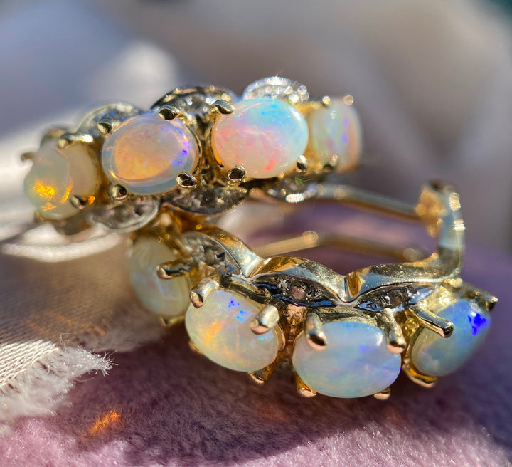 Iridescent Natural Opal and Diamond Huggies in 14k Yellow Gold