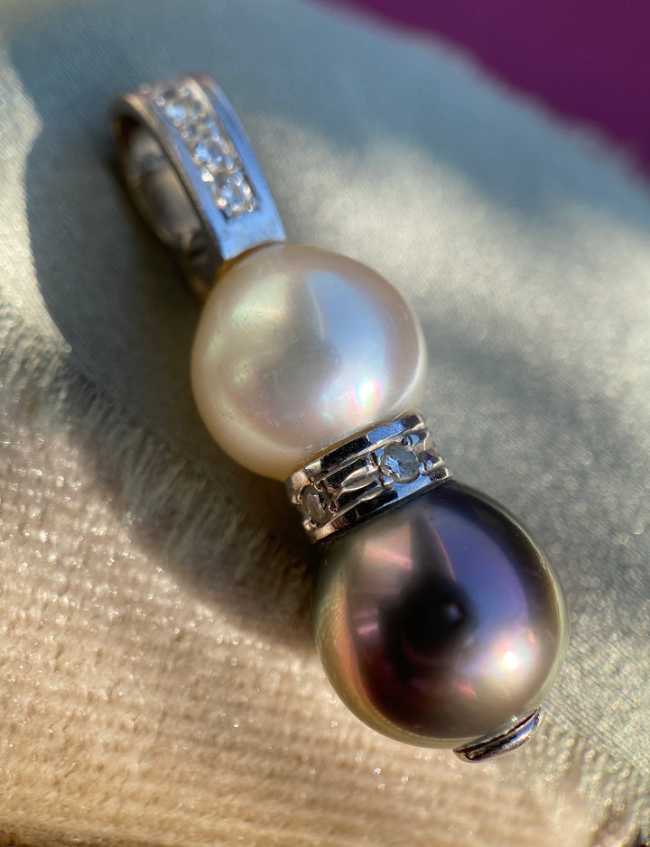 Modern Black And White Pearl Pendant with Diamonds in 14k White Gold